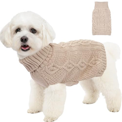 Dog Sweaters Small Dog Clothes Winter Turtleneck Puppy Sweater Warm Pet Cat Sweater Doggy Pullover Outfit with Twisted Design XS~XL(Beige, Large) - color: BEIGE, size: Large