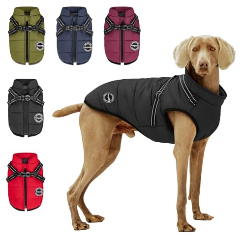 Warm Dog Winter Coat, Windproof Dog Cold Weather Jacket, Reflective & Adjustable Black Pet Vest with Harness, Thick Polar Fleece Lining Cozy Apparel for Small Medium Cats - color: Black, size: Large