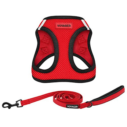 Voyager Step-in Air All Weather Mesh Harness and Reflective Dog 5 ft Leash Combo with Neoprene Handle, for Small, Medium and Large Breed Puppies by Best Pet Supplies - Red, XX-Small - color: Leash Harness Set (Red Base), size: XXS (Chest: 11.5 - 13" * Fit