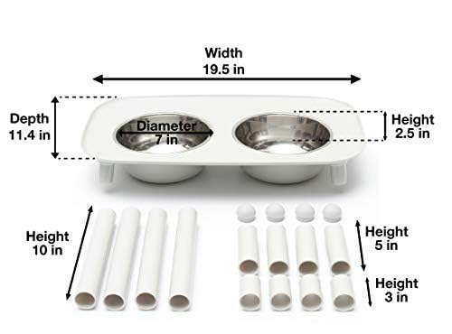 Messy Mutts Elevated Double Feeder with Stainless Bowls | Adjustable Height 3”, 5”, or 10” | Adjustable Standing Feeder for Dogs | 5 Cups per Bowl | Light Grey - color: Light Grey