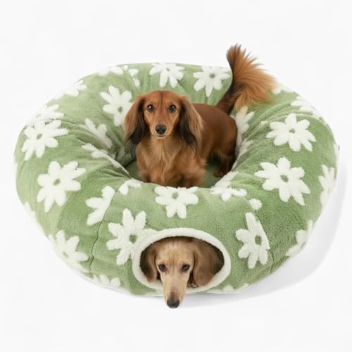 SnugTail Dachshund Tunnel Bed - Flower Design Plush Foldable Dog Bed (Medium)