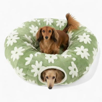SnugTail Dachshund Tunnel Bed - Flower Design Plush Foldable Dog Bed (Medium)