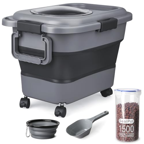 Dog Food Storage Container, 10-20 lbs Airtight Collapsible Cat Food Storage Container with Attachable Wheels, Portable Handle, Dog Food Scoop for Dog Cat Bird Pet Dry Food Storage Bin Dark Grey - color: Dark Grey, size: Medium