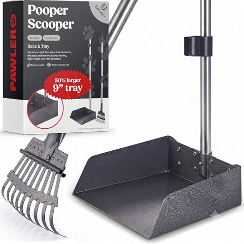 Pawler Pooper Scooper for Large Dogs, Small Dogs and Horses, Metal Poop Scooper Set with Long Handle Rake and Tray for Yard, Grass, Dirt or Gravel, Heavy Duty Aluminum Poop Picker Upper - color: 2 Piece Set - X Large- Silver