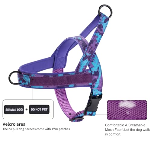 Annchwool No Pull Dog Harness,Heavy Duty Collar & Leash Set-Leash with Double Handle & Car Seatbelt Clip-Easy Control for Walking Training Medium Large Size Dogs(Camo Purple,M) - color: Camo Purple, size: M