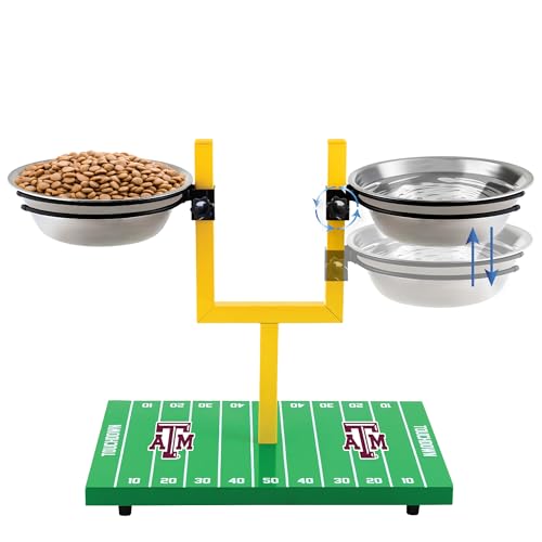 NCAA Texas A&M Aggies Goalpost Football Field Dog Feeder – Adjustable Elevated Dog Bowls with Stand, 2 Stainless Steel Bowls, Non-Slip Rubber Feet, Raised Pet Feeder for Large & Small Dogs