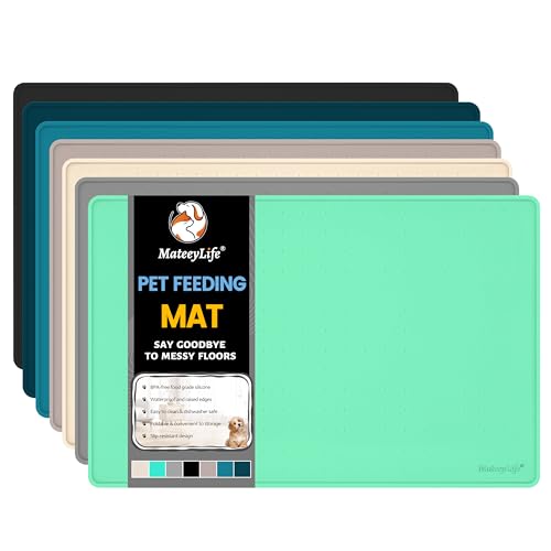 MateeyLife Dog & Cat Food Water Mat for Floors Waterproof, Nonslip Pets Bowl Feeding Mats with Raised Edges, Silicone Matt Tray for Messy Drinkers, 18"x12",MintGreen - color: Green, size: 18''×12''