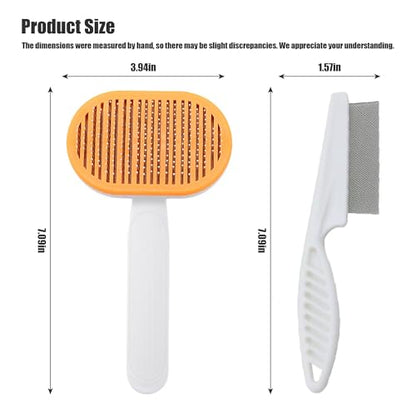 Self-Cleaning Pet Hair Brush & Fine-Tooth Comb | One-Button Fur Removal Tool | Rounded Stainless Steel Pins, Gentle on Skin | for Dogs & Cats, Long & Short Hair | Home Grooming Kit (orange)
