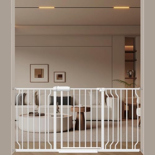 WAOWAO Baby Gate 134-158cm(53-62인치) 엑스트라 와이드 압력 장착 워크 스루 스윙 자동 닫힘 안전 화이트 메탈 유아 어린이 개 애완동물 강아지 계단, 출입구, 주방용 - color: 화이트., size: 52.8-61.8"/134.11-156.97cm