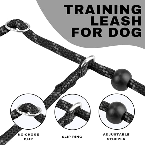 Arblina Slip Leads Dog Leash, 1/3" x4ft Full Reflective No Pull Rope Leash with Double Handle, 360°Swivel Anti-Tangle Heavy Duty Training Lead for Large Medium Small Dogs - color: Black, size: 1/3" x 4FT