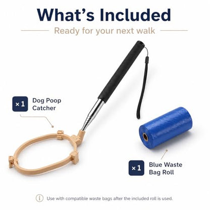 Pooper Scooper for Dogs, Hands-Free Pet Waste Pickup Tool, Foldable 8 Inch Design with 32 Inch Extendable Handle, Stainless Steel Rod, Includes 15 Bags for Yard, Walks and Travel