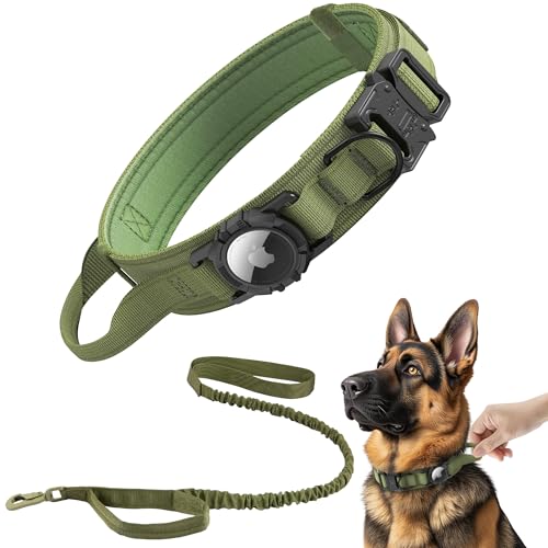 Tactical AirTag Dog Collar Leash Set - Heavy Duty, Adjustable GPS Collar Compatible with Apple AirTag, with Holder & Control Handle for Medium/Large Dogs [Green, XL] - color: Green-SET, size: XL(19.5"-25")