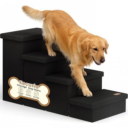 4-Step Wide Dog Stairs with Storage 23" H, Non-Slip Sturdy Pet Steps for High Bed Couch Window, Pet Stairs for Small/Medium/Large Old Dogs Cats Up to 220lbs, Cat Dog Steps for Car/SUV, Black - color: Black, size: 4-Steps Storage (40"D x17"W x23"H)