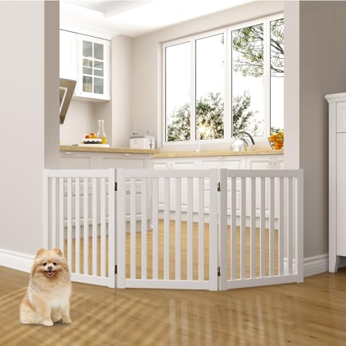 WELLAND Wooden Freestanding Pet Gate, 24 Inch 3 Panel Step Over Fence, Expands Up to 60" Wide, Foldable Indoor Dog Gate Puppy Safety Fence, White - color: White, size: 3 Panel 60" Wide