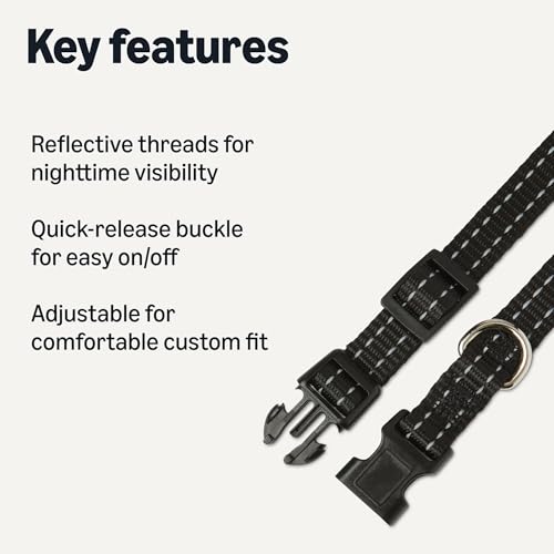 Amazon Basics Reflective Polyester Dog Collar, Adjustable Length 11.2"-16.9", 0.9" W, Quick-Release Buckle for Easy On/Off, Small, Black - size: s
