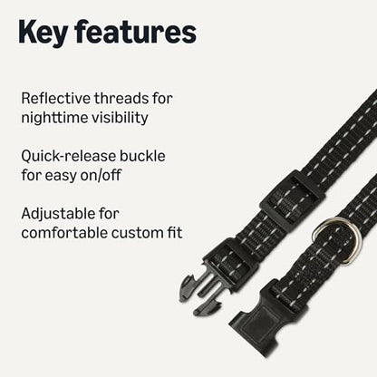 Amazon Basics Reflective Polyester Dog Collar, Adjustable Length 11.2"-16.9", 0.9" W, Quick-Release Buckle for Easy On/Off, Small, Black - size: s