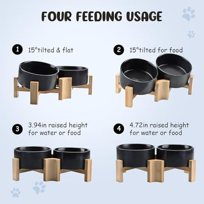 SPUNKYJUNKY 15° Slanted Ceramic Dog and Cat Bowl with Wooden Stand, Tilted Bulldog Food and Water Bowl No Slip Non-Spill for Cats Medium Dogs Big Face Pets 28.7 OZ (3.6 Cups, Black × 2) - color: Black, size: 3.6 CUPS × 2