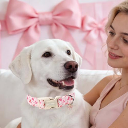 DOGWONG Pink Dog Collar, Cute Flower Girl Female Dog Collar Adjustable Soft Bowtie Print Pet Dog Collar Puppy Necklace for Small Dogs,XS - color: Flower Pinkbow, size: Extra Small
