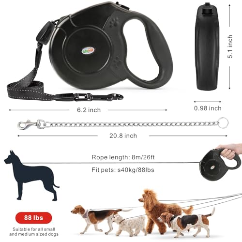 Idepet Heavy Duty Retractable Dog Leash for Small and Medium Dogs, Anti-Chewing Steel Chain Design,360 DegreeTangle-Free,Break and Lock System,26ft Leash Dog Walking (Black, Round Rope) - color: Black