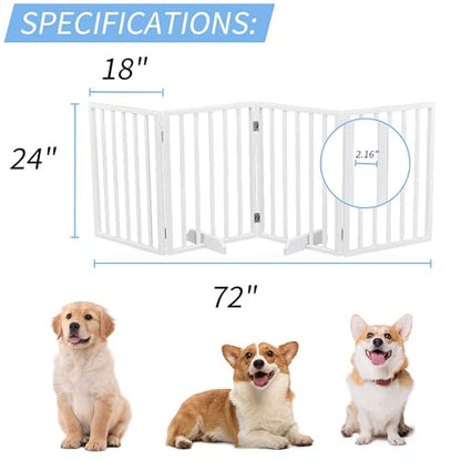 Wide Foldable Dog Gates for Doorways, 4 Panels 72" Wooden Pet Gate w/Freestanding Design, No Assembly Required, Adjustable & Portable Puppy Fence Barrier for Rooms, Hallways, Doorways, Stable Barrier - size: 4 Panels-White