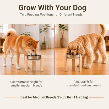 Elevated Slow Feeder Dog Bowl for Medium Dogs, Adjustable Raised Dog Bowl Stand with Stainless Steel Slow Feed Bowl, Reduces Choking & Improves Digestion, Non-Slip Bamboo Stand - color: natural