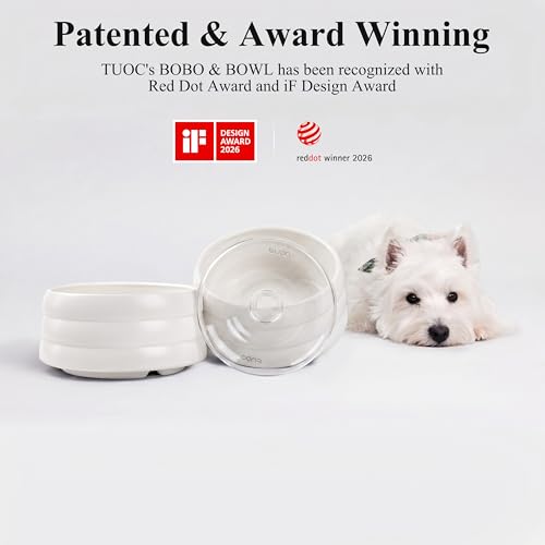 BOBO & BOWL Anti-Splash Pet Drinking Bowl with Floating Glass Disk (1.2L/40 oz), Food-Grade Ceramic Water Bowl for Small & Medium Dogs - Elevated, Heavy Sturdy, Dishwasher & Microwave Safe, White - color: White-with Floating Tray