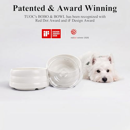 BOBO & BOWL Anti-Splash Pet Drinking Bowl with Floating Glass Disk (1.2L/40 oz), Food-Grade Ceramic Water Bowl for Small & Medium Dogs - Elevated, Heavy Sturdy, Dishwasher & Microwave Safe, White - color: White-with Floating Tray