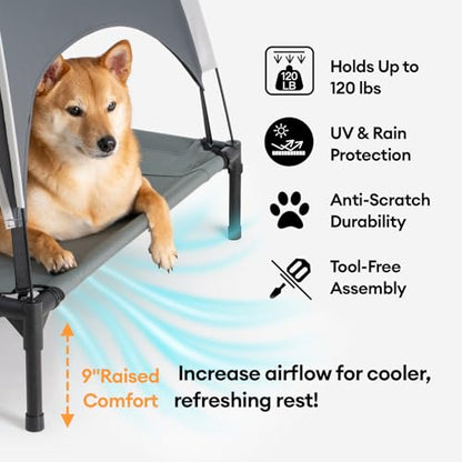 FUNNY FUZZY Elevated Cooling Dog Bed with Canopy(30"x24"x7") – Dog Cot Bed for Small,Medium Dogs with UV Shade, Breathable Mesh for Cooling, Indoor & Outdoor Use for Dogs up to 120 lbs