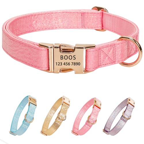 Glare Hot Pink Personalized Dog Collars Leather and Nylon Thicken Design Engraved Heavy Duty Dog Collar with Name Plate Adjustable with Quick Release Metal Buckle for Small Medium Large Dogs,M - color: Pink - Personalized, size: M-(neck adjustable 12.6-19