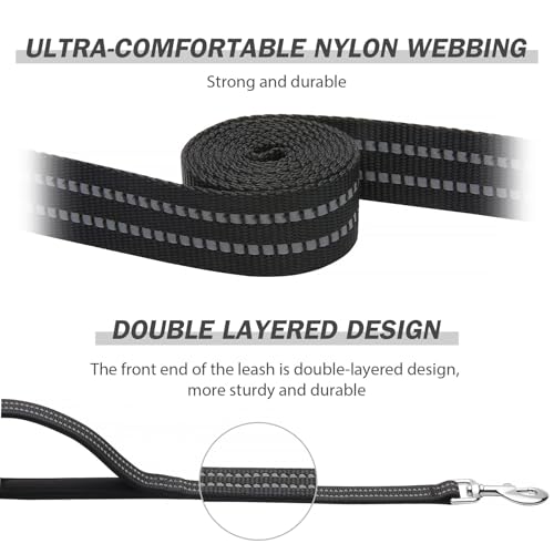 Hikiko 5 FT Heavy Duty Dog Leash with 2 Padded Handles Reflective Nylon Double Handle Dog Leash, Black - color: Black, size: 1 in x 5 ft