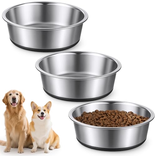 3 Pack Stainless Steel Dog Bowls, 64oz/3 Cups Silicone Base Anti-Slip Dog Metal Bowls, Food and Water Pet Bowls for Small, Medium Dogs and Cats, Dishwasher Safe