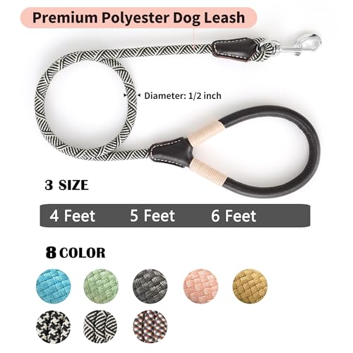 Mile High Life Dog Leash, Rope Leash with Genuine Leather Handle and Heavy Duty Metal Clasp, Great for Small Medium Large Dogs (Black Beige, 4FT) - color: Leather Handle-Black Beige, size: 48 Inch-1/2"