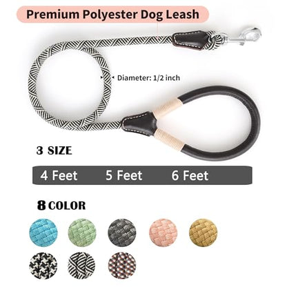 Mile High Life Dog Leash, Rope Leash with Genuine Leather Handle and Heavy Duty Metal Clasp, Great for Small Medium Large Dogs (Black Beige, 4FT) - color: Leather Handle-Black Beige, size: 48 Inch-1/2"