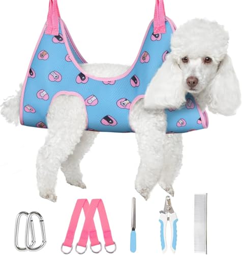 Supet Dog Grooming Hammock Harness for Dogs Cats, Relaxation Pet Nail Clipper Hammock, Restraint Dog & Small Animal Leashes Sling for Groomingk for Nail Trimming (Blue-Love, S) - color: Blue-love, size: S（ Max 30 Lb：Leg space: 5.2"-12.2"）