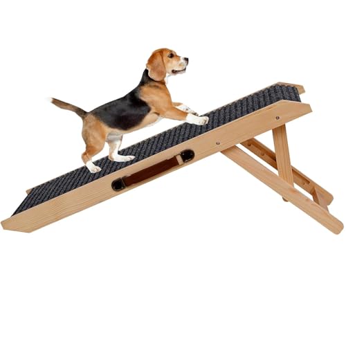 Wooden Foldable Dog Ramp for Small Dog Portable Pet Ramp,Car Ramp with Built-in Handle for Bed Car Couch Travel, 4 Adjustable Heights 9.8" to 18.1"