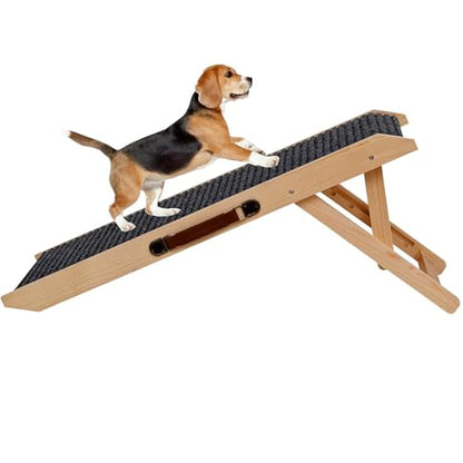 Wooden Foldable Dog Ramp for Small Dog Portable Pet Ramp,Car Ramp with Built-in Handle for Bed Car Couch Travel, 4 Adjustable Heights 9.8" to 18.1"