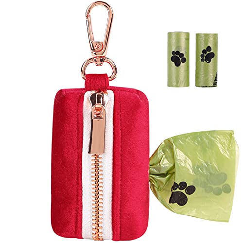 ARING PET Dog Waste Bag Dispenser, Soft Doggy Poop Bags Holders Attach to Any Leashes, Velvet Portable Washable Red Pet Waste Pouch Dispenser with Metal Zipper - color: A:red
