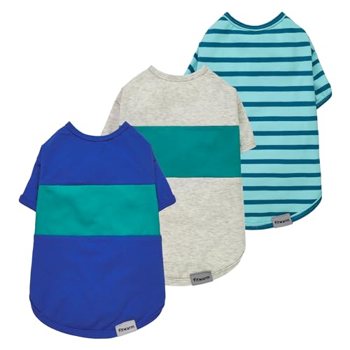 Fitwarm 3 Pack Color Block Striped Dog Shirt, Summer Dog Clothes for Small Dogs, Breathable Lightweight Pet Tshirt with Sleeves, Cat Outfit, Royal Blue, Gray, Teal, Small - color: RoyalBlue-Gray-Teal, size: Small