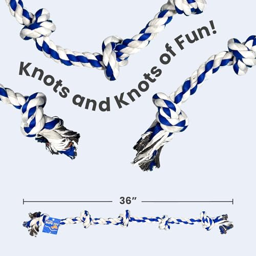 4Knines Dog Rope Toy with 5 Knots – 36-Inch Heavy-Duty Tug for Medium & Large Breeds – Durable Cotton for Chewing, Fetch, and Tug-of-War – Interactive Dog Toy for Exercise and Play – Blue