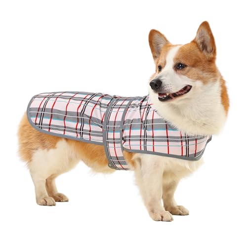 Dog Raincoat for Large Dogs Waterproof Jacket Hooded Rain Coats with Reflective Strips Leash Hole & Poncho Adjustable Fit (Plaid,L) - color: Khaki Plaid, size: Large