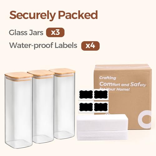 ComSaf Glass Spaghetti Pasta Storage Containers with Lids 2.2 Qt Set of 3, Tall Clear Airtight Food Storage Jar with Lid for Noodles Flour Oat Cereal Sugar Beans, Square Spaghetti Pantry Containers - size: 2.2Qt*3