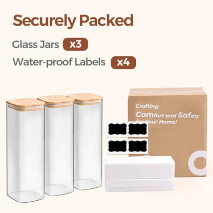 ComSaf Glass Spaghetti Pasta Storage Containers with Lids 2.2 Qt Set of 3, Tall Clear Airtight Food Storage Jar with Lid for Noodles Flour Oat Cereal Sugar Beans, Square Spaghetti Pantry Containers - size: 2.2Qt*3