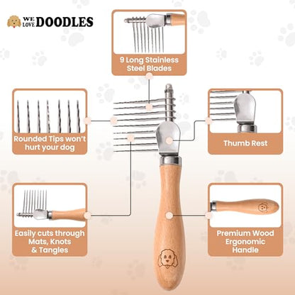 Dog Dematting Brush & Rake, Detangler Brush for Dogs, Comb Tool for Grooming, Best for Doodles, Poodles, Goldendoodles, Cats & Other Pets, Matted Fur Removal On Undercoat [We Love Doodles] - size: Dematting Rake Regular