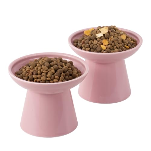 CEEFU Extra Wide Elevated Ceramic Cat Bowl, 6.2" Shallow Dish for Whisker Fatigue Relief, 5" Height for Easy Feeding, Durable Raised 2 Cat Food Bowls, Pink - color: Pink-2 Food Bowl