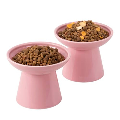 CEEFU Extra Wide Elevated Ceramic Cat Bowl, 6.2" Shallow Dish for Whisker Fatigue Relief, 5" Height for Easy Feeding, Durable Raised 2 Cat Food Bowls, Pink - color: Pink-2 Food Bowl