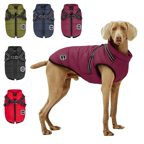 Warm Dog Winter Coat, Dog Cold Weather Jacket with Built-in Harness, Reflective & Adjustable Comfortable Pet Vest, Windproof Apparel for Small Medium Large Dogs (Purple) - color: Purple, size: Large