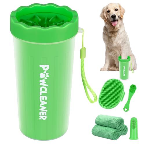 Professional 7 in 1 Dog Paw Cleaner for Dogs & Cats - Includes 1 Portable Paw Washer, 1 Bath Brush, 2 Dog Toothbrushes and 3 Absorbent Towels Note: Fits Paws 2.5 to 3.5 Inches Wide (Large, Green) - color: Green, size: Large