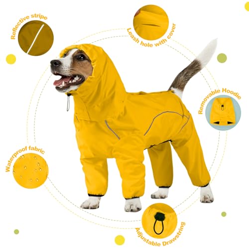 Dog Raincoat, Waterproof Dog Rain Jacket with Removable Hood，Adjustable 4 Legs Pet Poncho with Leash Hole，Reflective Stripe Hooded Snowproof Windproof Clothes for Small to 3X-Large Dogs, XL - color: LightYellow, size: XL