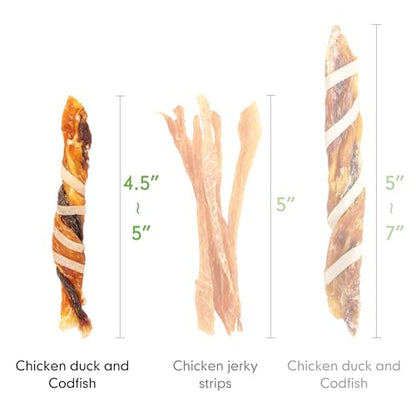 MON2SUN Dog Treats, Triple Flavor Jerky Twist Sticks, 4.5-5 Inch Chicken Duck and Codfish Sticks Chews for Small Dogs, Healthy Snacks, 17.64 oz (50 Count-Pack of 1) - size: 1.1 Pound (Pack of 1), style: 4.5-5 Inch