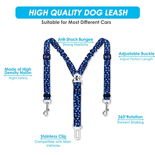 SlowTon Dog Seat Belt, Double Dog Seatbelt Adjustable Vehicle Safety Leash with Elastic Bungee Buffer, Reflective No Tangle Y Shape Two Dog Harness Seat Belt Splitter for Pets Car Trip (Blue Paws, S) - color: I.Blue Paws, size: 2 Small in 1